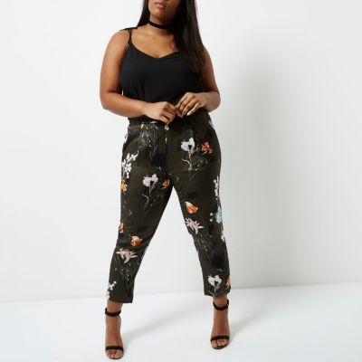 Plus khaki green floral tapered trousers